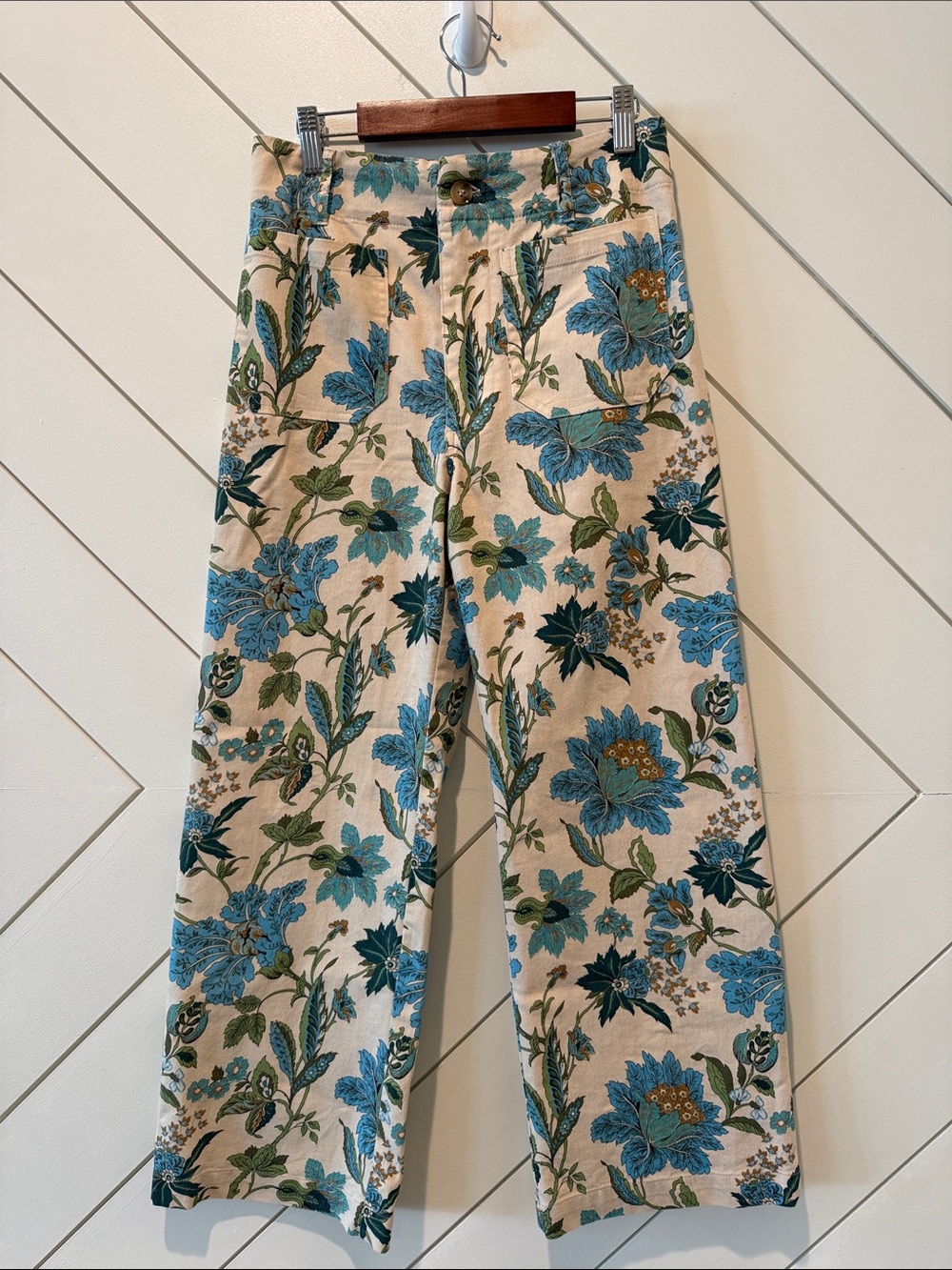 Floral Wide-Leg Cotton Pants in Cream & Blue
